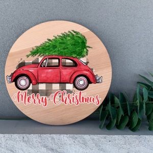Holiday Decor VW Bug with Tree 12" Thin Birch Round Wood Handmade Wall Art